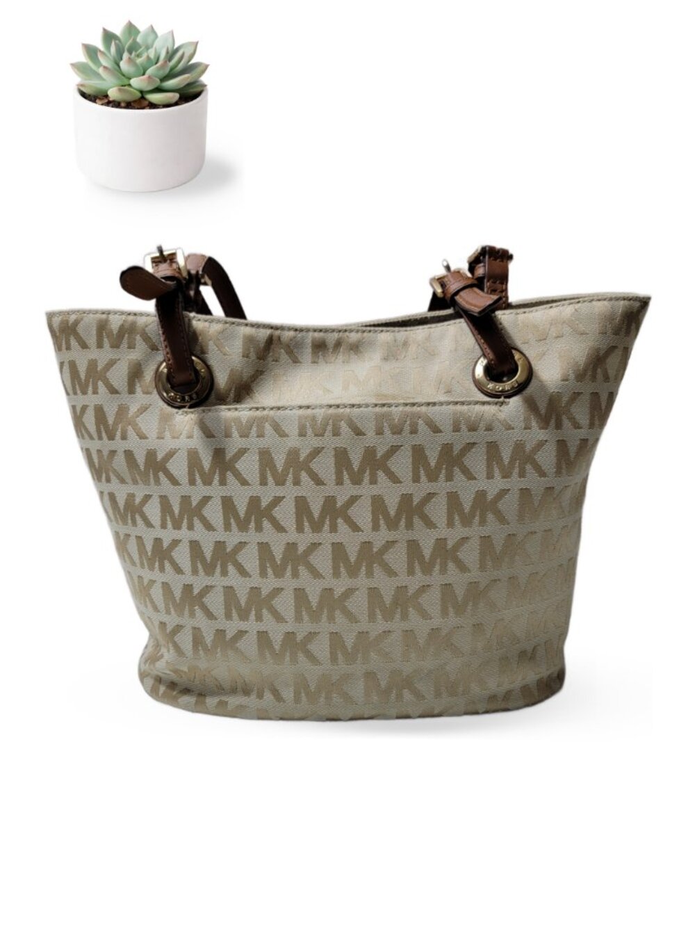 Michael Kors Jet Set Medium Travel Tote Beige MK Monogram Canvas Shoulder Bag - Picture 2 of 9